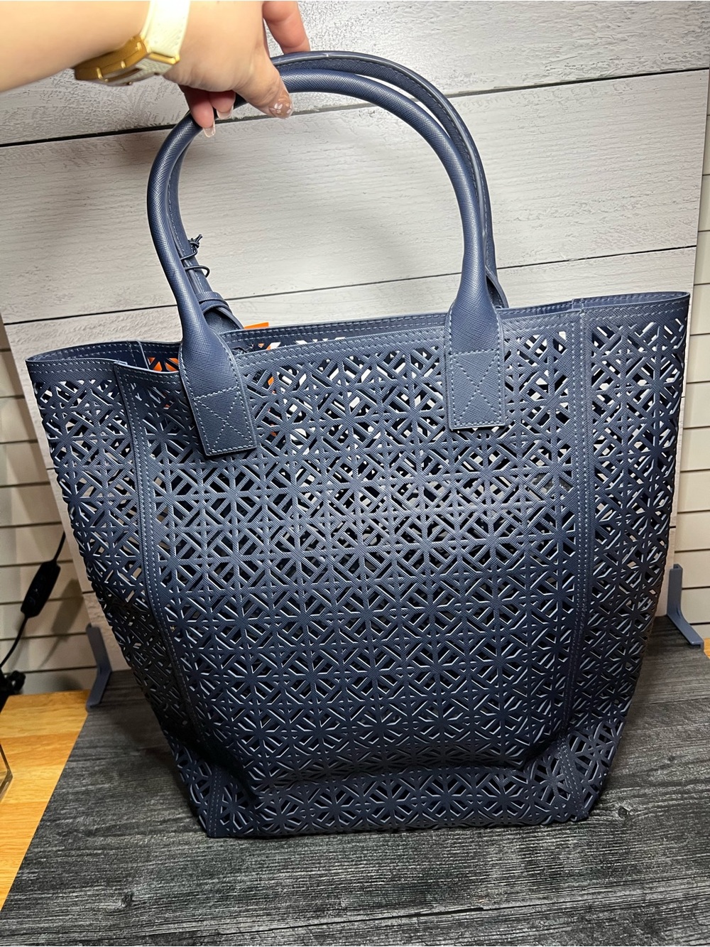 Tory Burch Navy Laser-Cut GWP Tote Bag - Picture 2 of 4